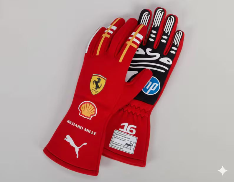 F1 Formula Racing Style Gloves - Charles Leclerc #16 Red Go-Kart & Sim Racing Gloves