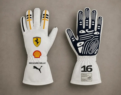 Charles Leclerc #16 White Racing Gloves – F1 Style Karting & Sim Racing